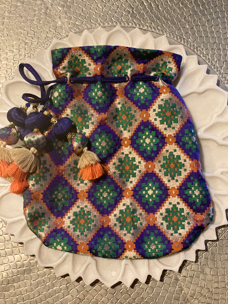 Rangoli Banarasi Blue/Orange Potli