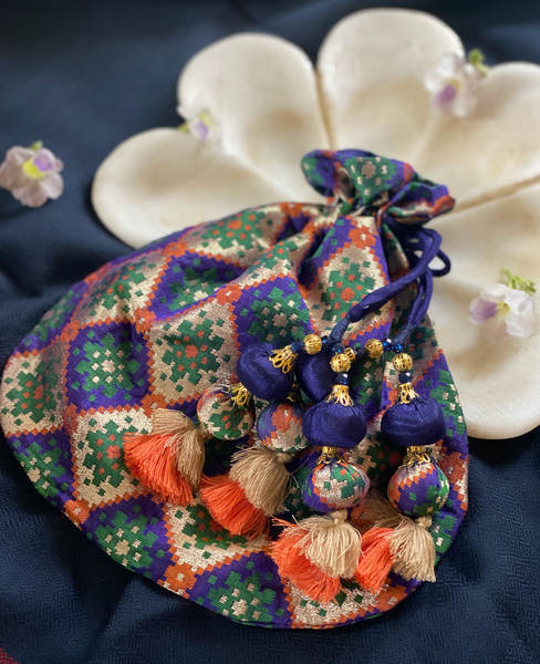 Rangoli Banarasi Blue/Orange Potli